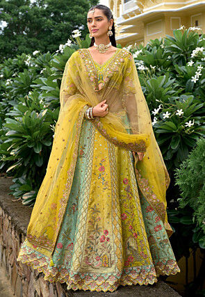 Embroidered Art Silk Lehenga in Multicolor
