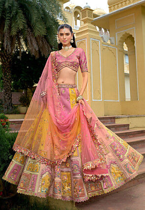 Embroidered Art Silk Lehenga in Multicolor