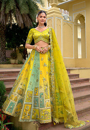 Embroidered Art Silk Lehenga in Multicolor