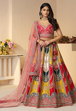 Embroidered Art Silk Lehenga in Multicolor