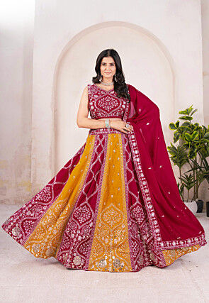 Embroidered Art Silk Lehenga in Mustard and Maroon