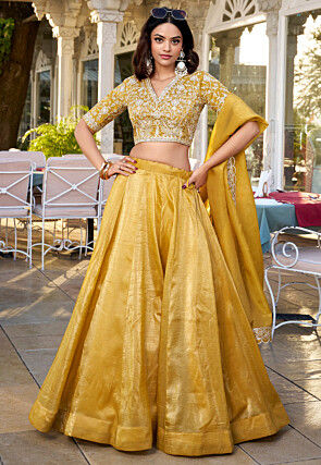 Embroidered Art Silk Lehenga in Mustard