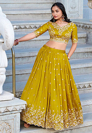 Embroidered Art Silk Lehenga in Mustard
