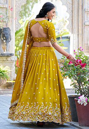 Embroidered Art Silk Lehenga in Mustard