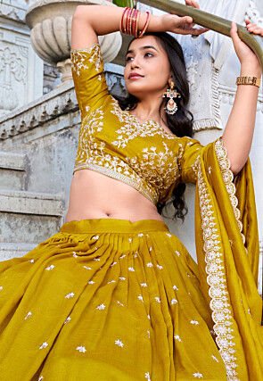 Embroidered Art Silk Lehenga in Mustard