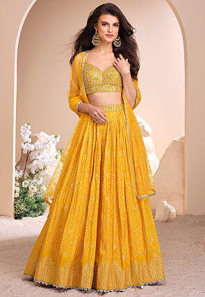 Embroidered Art Silk Jacquard Lehenga in Mustard
