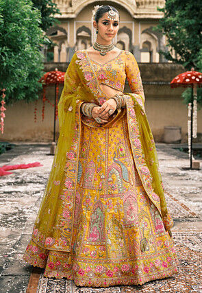 Embroidered Art Silk Lehenga in Mustard