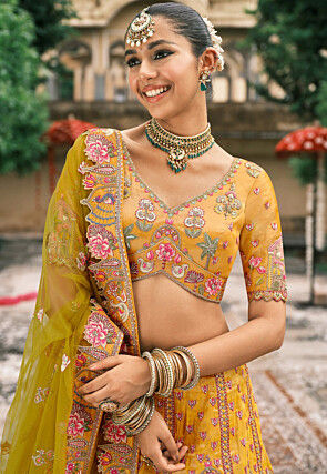 Embroidered Art Silk Lehenga in Mustard