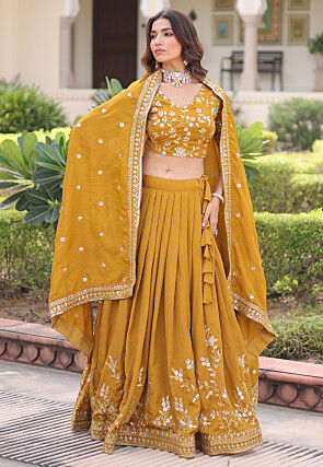 Embroidered Art Silk Lehenga in Mustard