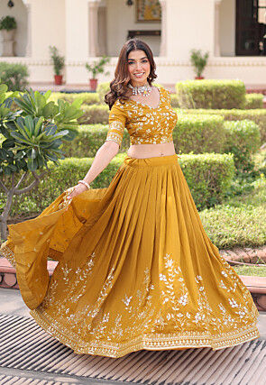 Embroidered Art Silk Lehenga in Mustard