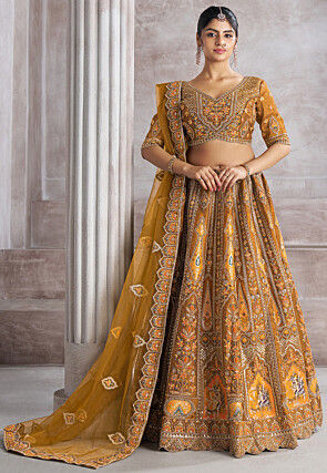 Embroidered Art Silk Lehenga in Mustard
