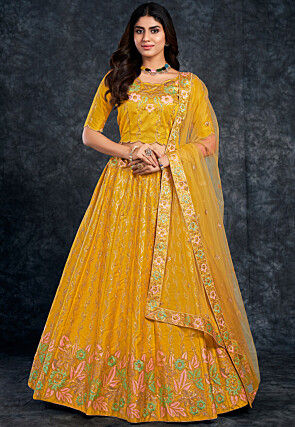 Buy Daisy Yellow Lehenga Set With Gold Butis, Thread Work Blouse and Mirror  Details Online