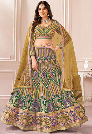Embroidered Art Silk Lehenga in Mustard