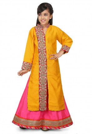 Embroidered Art Silk Lehenga in Mustard