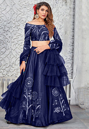 Embroidered Art Silk Lehenga in Navy Blue
