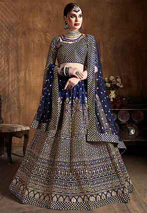 Embroidered Art Silk Lehenga in Navy Blue