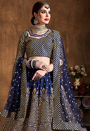 Embroidered Art Silk Lehenga in Navy Blue