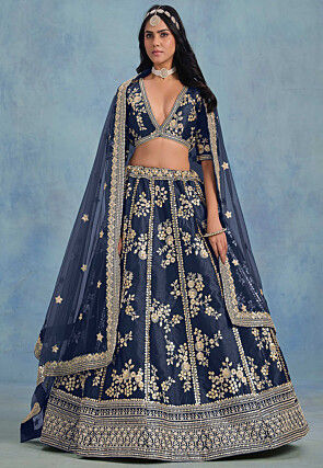 Embroidered Art Silk Lehenga in Navy Blue