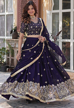 Embroidered Art Silk Lehenga in Navy Blue