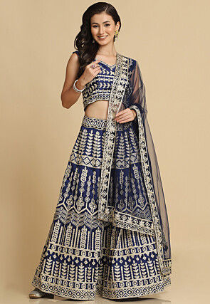 Embroidered Georgette Lehenga in Navy Blue