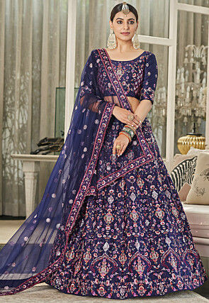 Embroidered Satin Lehenga in Navy Blue