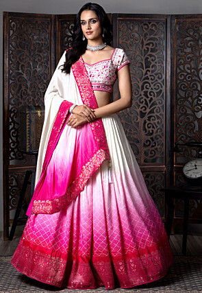 Embroidered Art Silk Lehenga in Off White and Pink Shaded