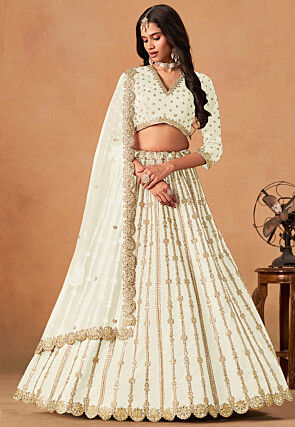 Embroidered Art Silk Lehenga in Off White