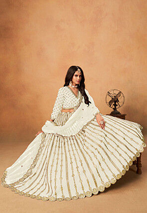 Embroidered Art Silk Lehenga in Off White
