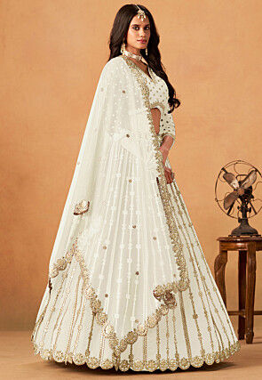 Embroidered Art Silk Lehenga in Off White