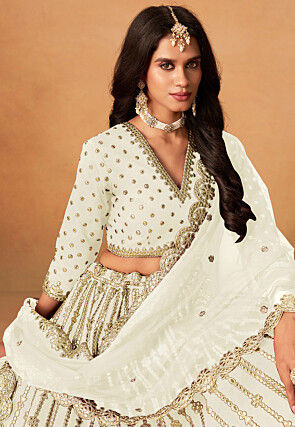 Embroidered Art Silk Lehenga in Off White