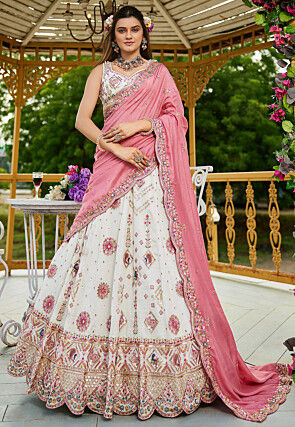 Embroidered Art Silk Lehenga in Off White