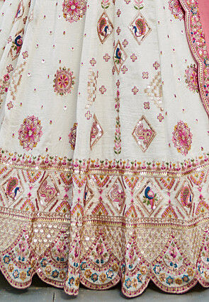Embroidered Art Silk Lehenga in Off White