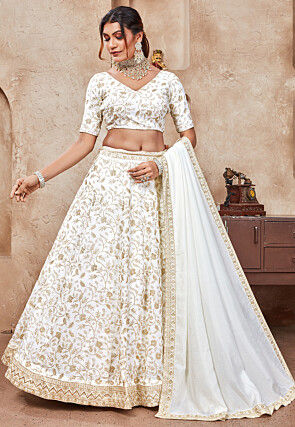 Embroidered Art Silk Lehenga in Off White