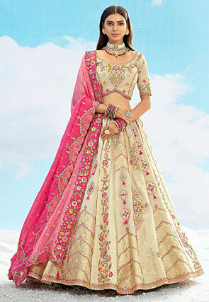 Embroidered Art Silk Jacquard Lehenga in Off White