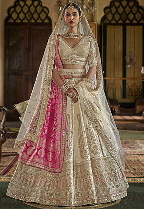 Embroidered Art Silk Lehenga in Off White