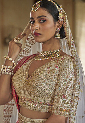 Embroidered Art Silk Lehenga in Off White