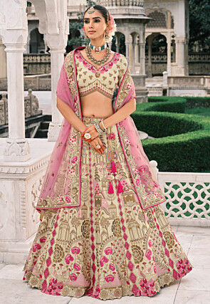 Embroidered Art Silk Lehenga in Off White