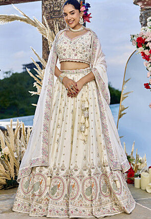 Embroidered Art Silk Lehenga in Off White
