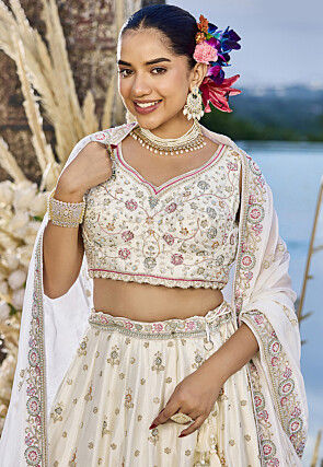 Embroidered Art Silk Lehenga in Off White