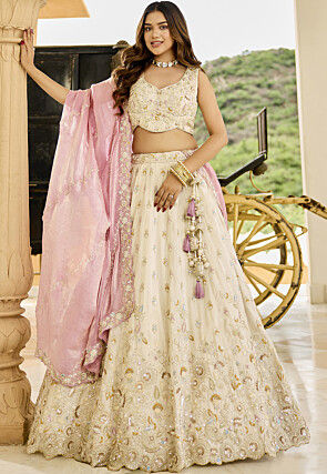 Embroidered Art Silk Lehenga in Off White