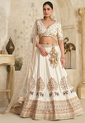 Embroidered Art Silk Lehenga in Off White