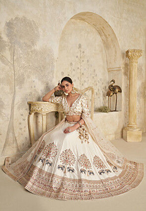 Embroidered Art Silk Lehenga in Off White