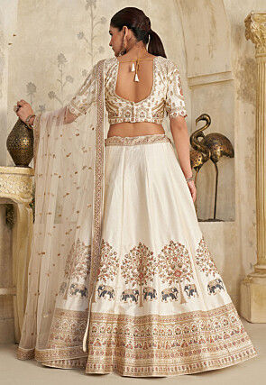 Embroidered Art Silk Lehenga in Off White