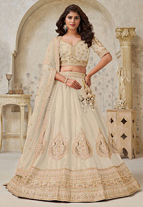 Embroidered Art Silk Lehenga in Off White