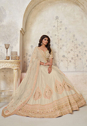 Embroidered Art Silk Lehenga in Off White