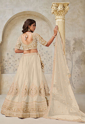 Embroidered Art Silk Lehenga in Off White