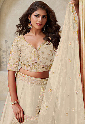 Embroidered Art Silk Lehenga in Off White