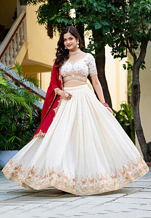 Embroidered Art Silk Lehenga in Off White