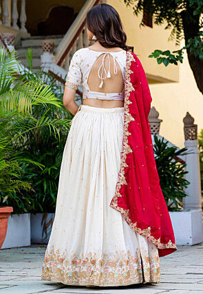 Embroidered Art Silk Lehenga in Off White