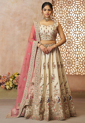 Embroidered Art Silk Lehenga in Off White